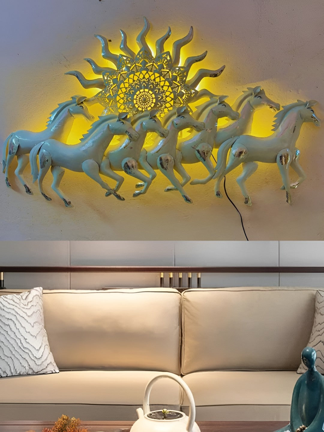 7 Sun Horse Mozaic White With LED Metal Wall Art