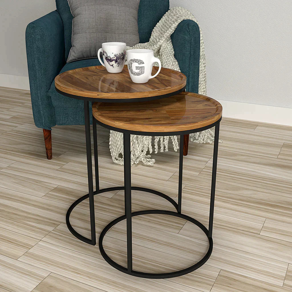 High-Quality Sheesham Wood Nesting Tables with Metal Base - Set of 2