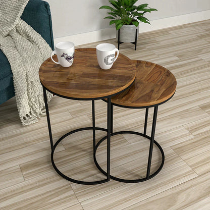 High-Quality Sheesham Wood Nesting Tables with Metal Base - Set of 2