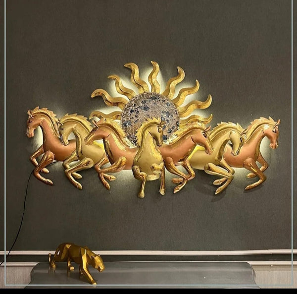 7 Sun Horse Mozaic Gold With LED Metal Wall Art - CRAFT HOUSE INC