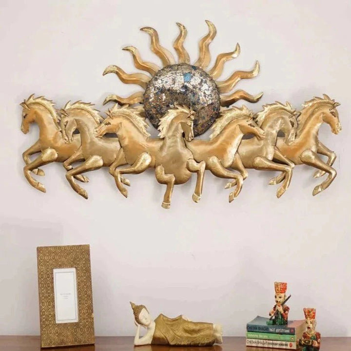 7 Sun Horse Mozaic Gold With LED Metal Wall Art - CRAFT HOUSE INC
