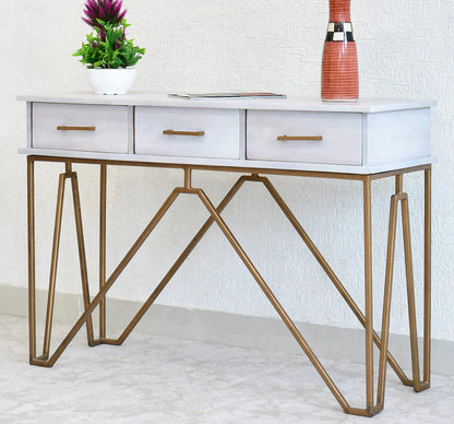 Triple Drawer Solid Wood Black Console Table With Golden Iron Frame