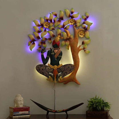 Gleeful Krishna Under The Tree LED Metal Wall Art