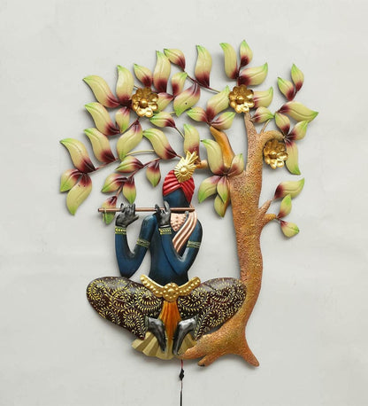 Gleeful Krishna Under The Tree LED Metal Wall Art