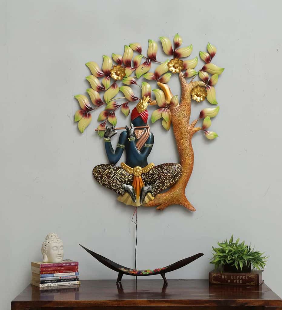 Gleeful Krishna Under The Tree LED Metal Wall Art