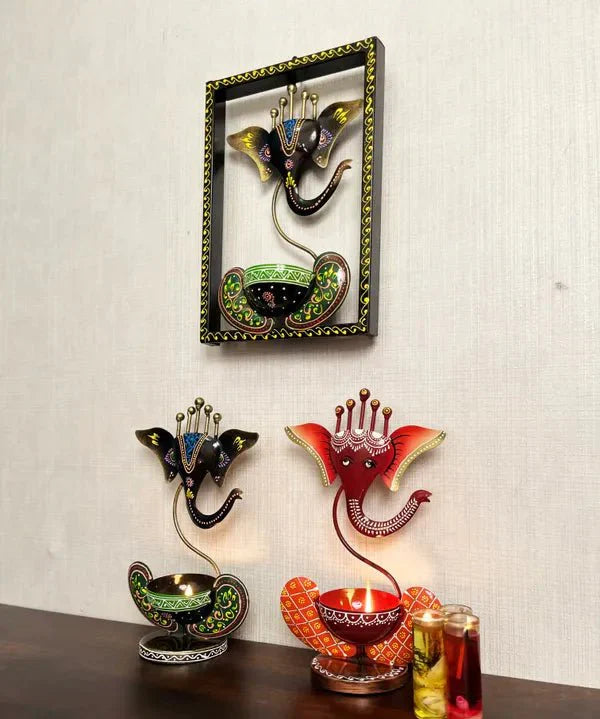 Ganesha T light set of - 3 orange , Brown and wall frame - CRAFT HOUSE INC