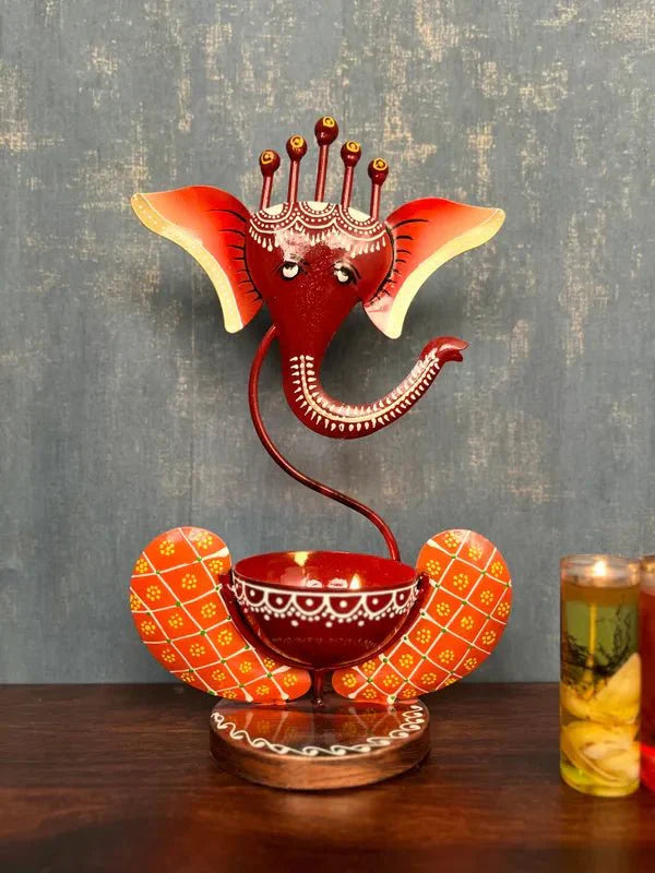 Ganesha T light set of - 3 orange , Brown and wall frame - CRAFT HOUSE INC