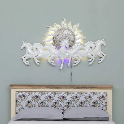 7 Sun Horse Mozaic White With LED Metal Wall Art