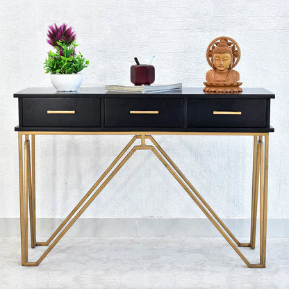 Triple Drawer Solid Wood Black Console Table With Golden Iron Frame