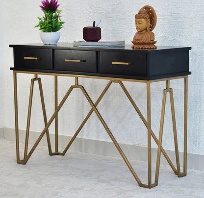 Triple Drawer Solid Wood Black Console Table With Golden Iron Frame