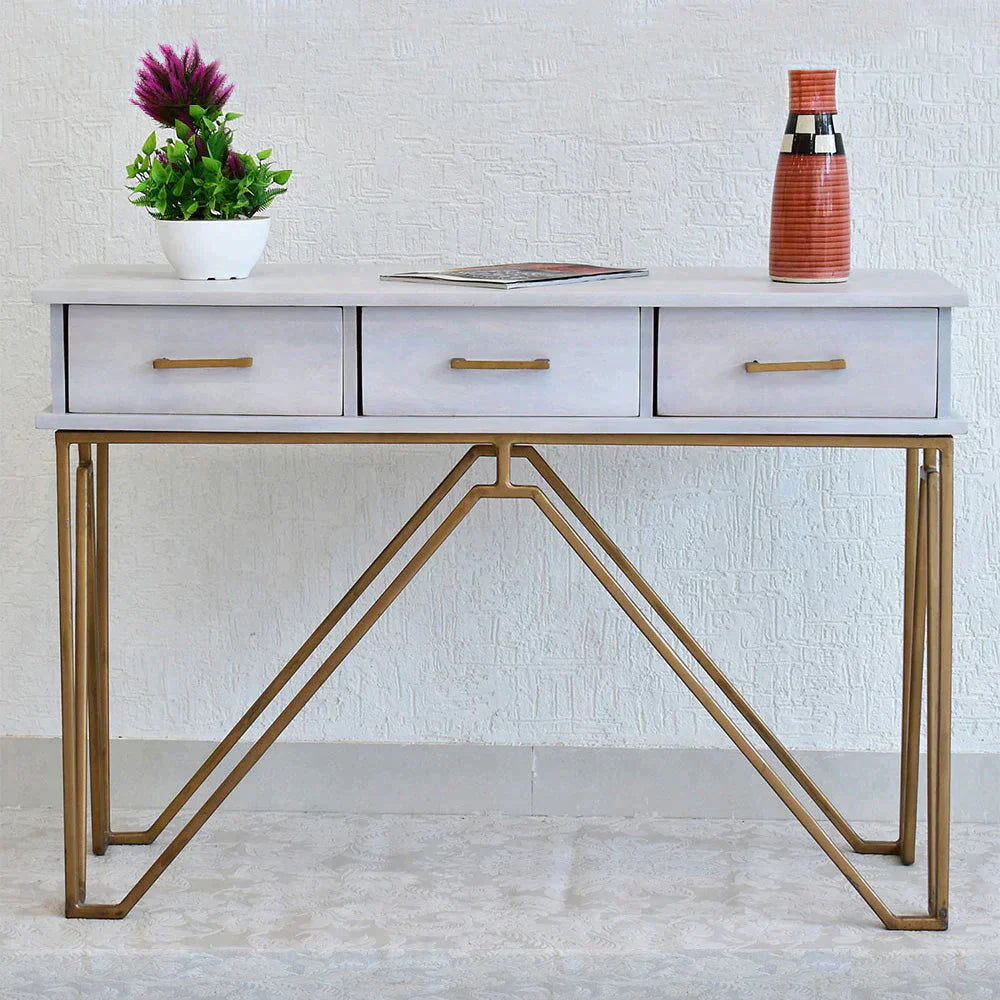 Triple Drawer Solid Wood Black Console Table With Golden Iron Frame