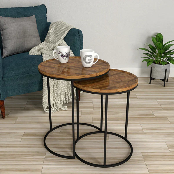 High-Quality Sheesham Wood Nesting Tables with Metal Base - Set of 2